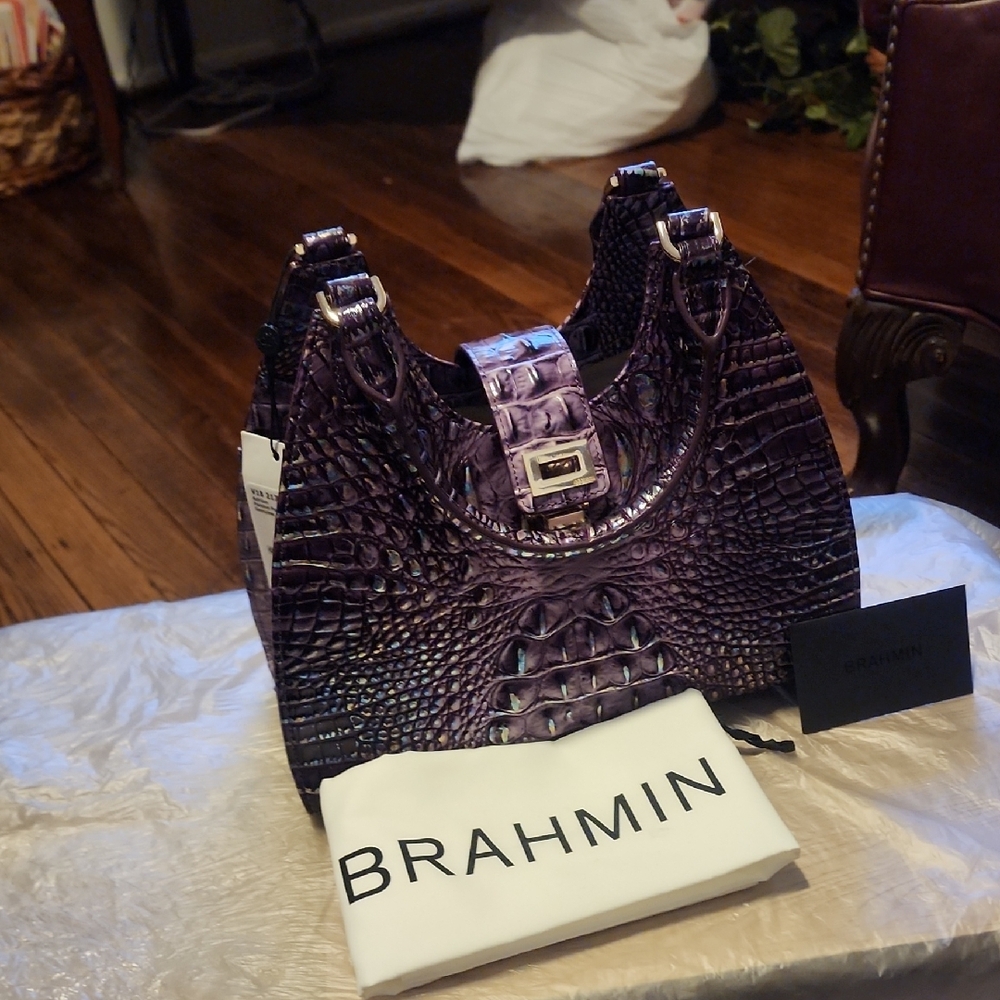 Brahmin Purple Crocodile Embossed Shoulder Bag